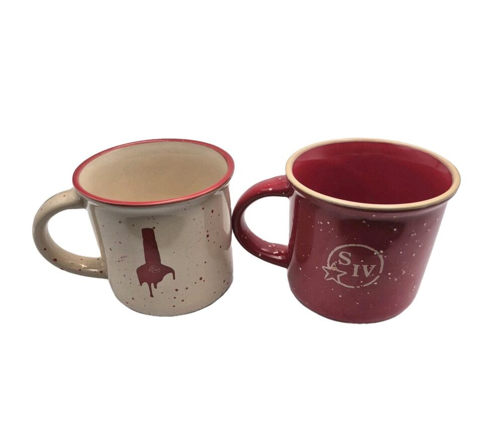 Two Makers Mark S IV Bourbon Hot Toddy Mugs Speckled Red Cream 14oz Capacity